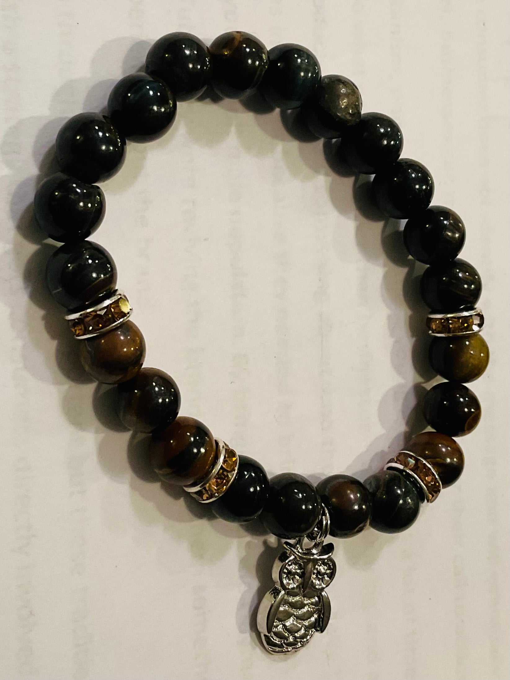 Blue tiger eye and tiger eye with owl charm