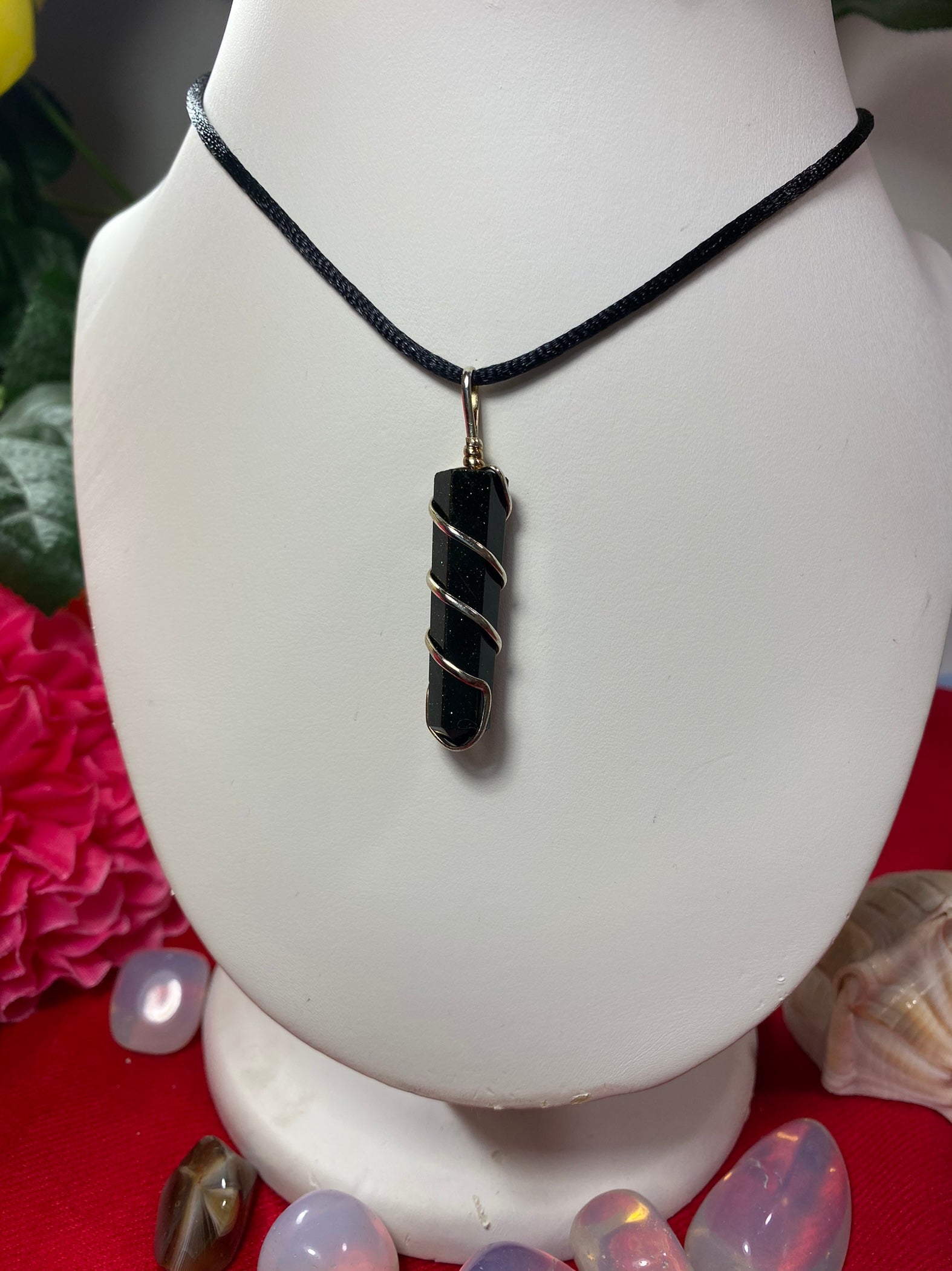 Green Goldstone Wrapped Pendant