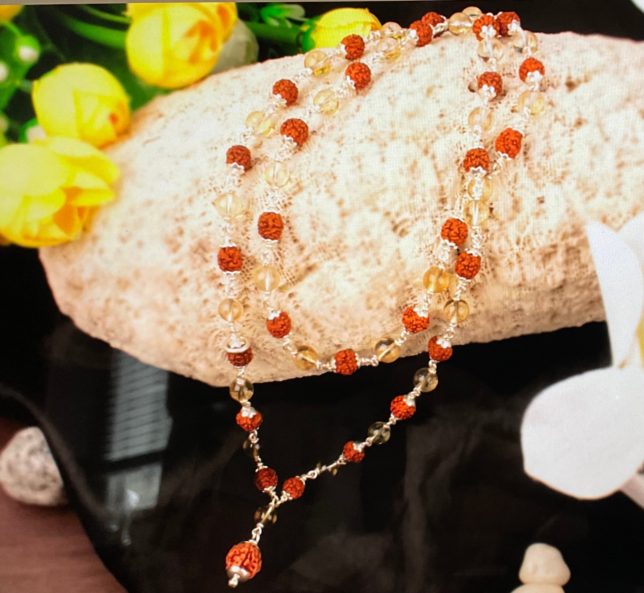 Four mukhi rudraksha with citrine brahma mala in silver